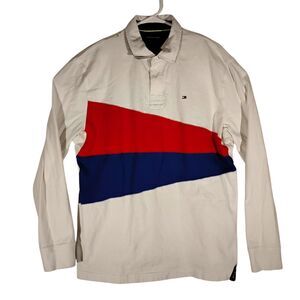 Tommy Hilfiger rugby polo shirt mens L Large white spell out long sleeve Y2K 90s